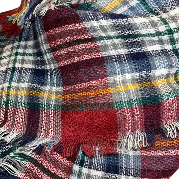 Sylvia Alexander red blue classic fuzzy Fall Plaid Blanket scarf shawl w… - Picture 7 of 8